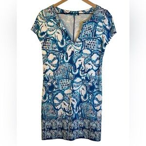 Lilly Pulitzer Blue Teal Elephant Dress Short Sleeve Split Neck Size Small